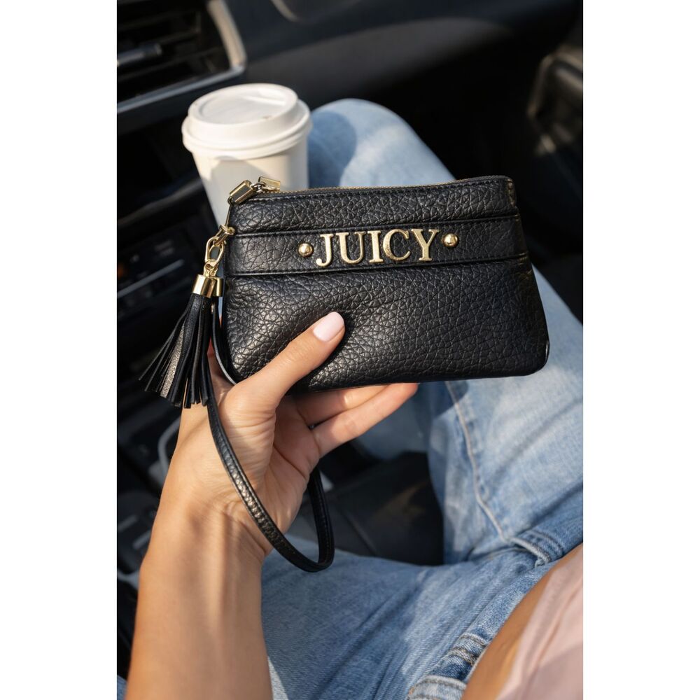 Juicy Couture Black Wristlet Clutch Double Zip Gold Logo Tassel Y2K Bag